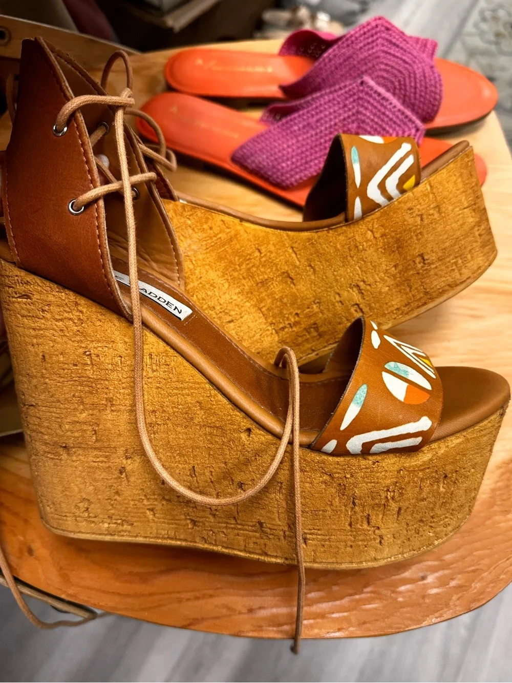 Steve Madden Brown Cork Platform Lace-Up Wedge Sandals with Painted Accents S 7